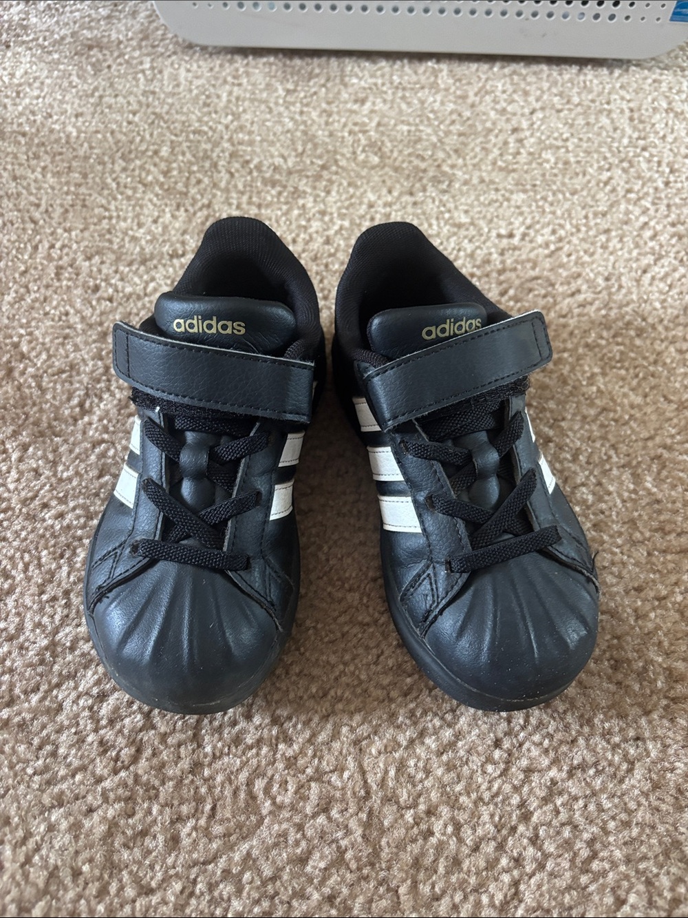 adidas Kids Black with White Stripe Velcro Sneakers